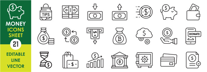 A set of line icons related to money and currency. Money, currency convert, donation, earning, shopping, tips, time, safe, bank and so on. Vector outline icons set.