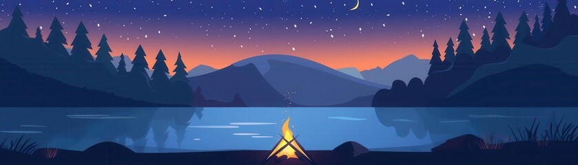 Fototapeta premium bonfire by tent flat design front view starry night animation colored pastel