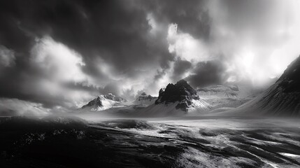 Dramatic black and white photograph of a stormy mountainous landscape, depicting powerful clouds and rugged peaks, evoking an epic and ominous mood.
