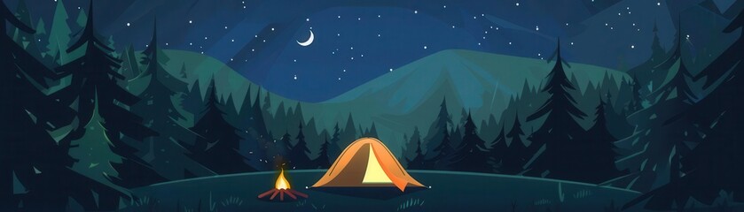 bonfire by tent flat design front view starry night animation colored pastel