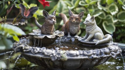 Obraz premium A whimsical garden fountain with a solarpowered pump adorned with charming animal figurines.