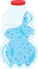 Clear blue water bottle illustration. Red cap plastic bottle cartoon. Fresh water leaves bubbles design