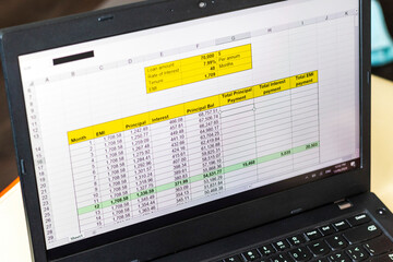 Shot of an excel sheet on computer screen showing bank loan amortization table. Accounting
