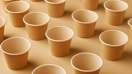 Biodegradable soup cups made from paper, reducing plastic waste. Brown background with cups arranged on top. Can be used for posters or banners.