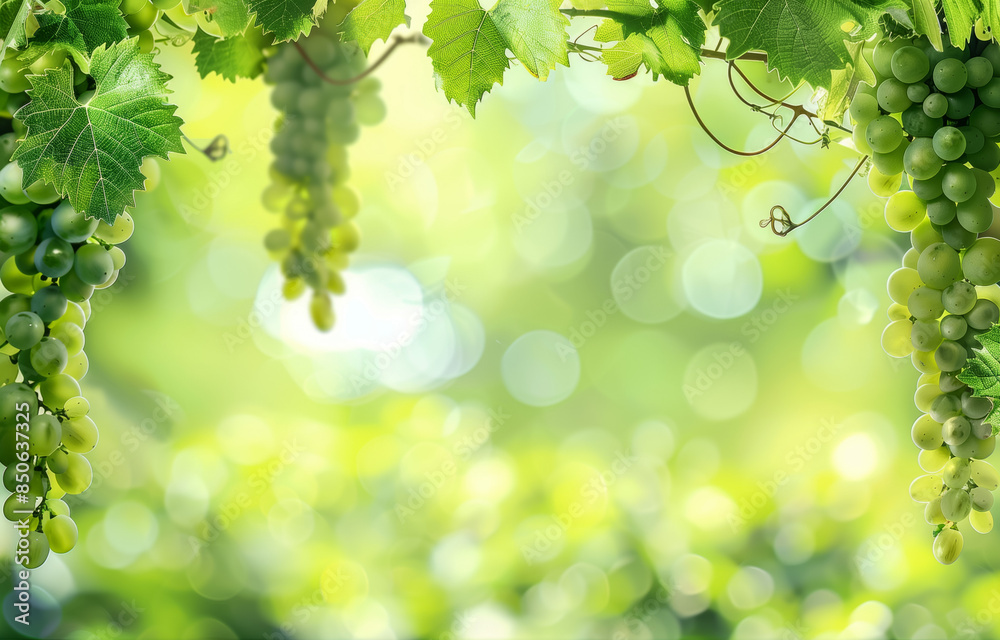 Wall mural Green grapes hanging on vine in sunny vineyard