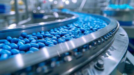 Obraz premium Blue capsules roll along a conveyor belt at a modern drug factory. This is a snapshot of the process of making pills and capsules. A close-up of the production line for medications.