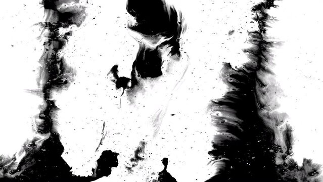Black ink artistic flow splatter spots spills white paper beautiful reveal dripping streaks spread fluid ink alpha matte isolated watercolor ink drops transition	
