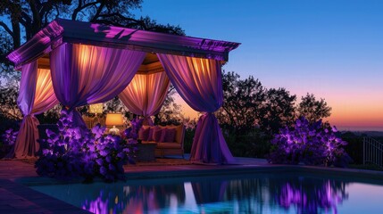 A poolside cabana at dusk, draped with lavender-colored fabric, illuminated by soft purple LED...
