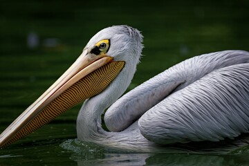 Pink-backed pelican in a green water background