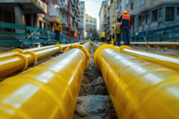 Construction work for replacement of engineering pipes. Workers installing an underground pipe on city street. Repair, laying water pipes or replacing sewer pipes Installation of plumbing, sanitation