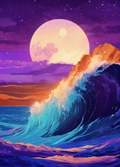 Fototapeta premium The image is a beautiful landscape painting. The sky is a deep blue color, and the moon is a bright yellow. The ocean is a deep blue color, and the waves are crashing against the shore. The land is a 