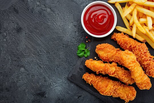BBQ fried chicken nuggets with tomato, sour sauce. Top view of tasty hot nuggets served with ketchup on black background. Golden deep-fried battered crispy nuggets with french fries. Potato chips pile