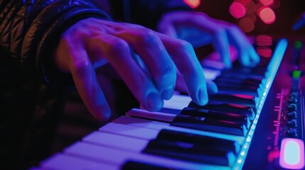 A closeup of a musician s hand interacting with a virtual reality keyboard that provides tactile feedback