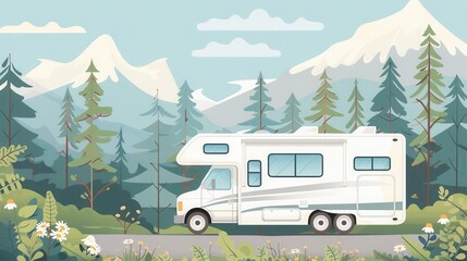 RV in the woods flat design side view travel escape cartoon drawing colored pastel