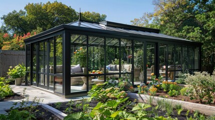 A family-friendly sunroom addition with comfortable seating and large, clear windows that allow unobstructed views of a playful garden with a mix of edible and ornamental plants.