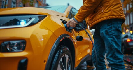 man insert electric car in cable while charging