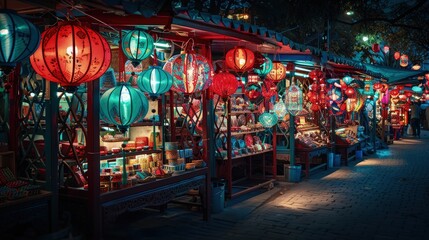 Vibrant red and teal paper lanterns hang above a bustling evening street market featuring various illuminated vendor booths.