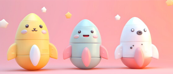3D clay, Adorable clay a space rocket ,muted pastels, Blender 3d, stars with colorful UFO and cute , kawaii pets model, dolls decorations