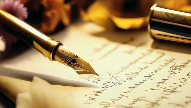 An elegant fountain pen writes a letter on parchment paper, reflecting a warm, nostalgic evening setting. The image captures the essence of classic handwriting, with autumn leaves scattered around.