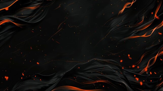 A fluid black backdrop with strokes of dark orange, like distant flames, and orange particles floating away, suggesting the embers of a dying fire.