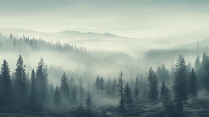 Obraz premium Misty landscape with fir forest in vintage retro style.