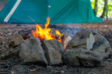 Campfire and camping tent in the forest
