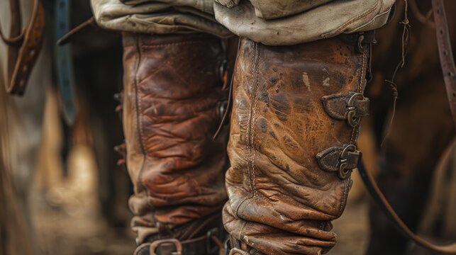 Detailed view of a Uruguayan gaucho pants and boots, focusing on the rugged leather and practical design.