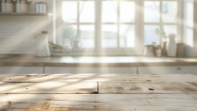Wood table top on blur kitchen counter room background, for montage product display or design key visual layout, template