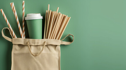 Eco-friendly paper cups, plates, and straws are arranged in a cotton bag on a green background. There is space for text, making it perfect for promoting street food takeout options.