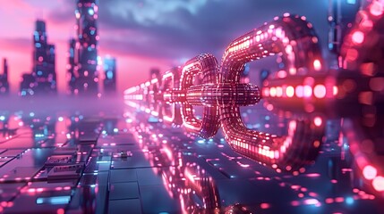 Obraz premium Blockchain-Powered Secure Financial Transactions in a Futuristic Neon-Infused Urban Landscape
