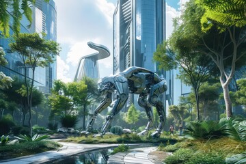 Naklejka premium A futuristic city park with robotic animals designed for companionship and environmental monitoring