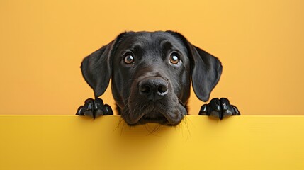 A cute black Labrador retriever dog peeking over a yellow surface with a curious expression against a vibrant yellow background.