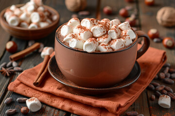 hot chocolate with marshmallows and cinnamon on an orange napkin