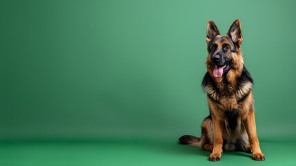 A German Shepherd dog sits on a green background, looking forward with a happy expression, showcasing its alert and friendly demeanor.
