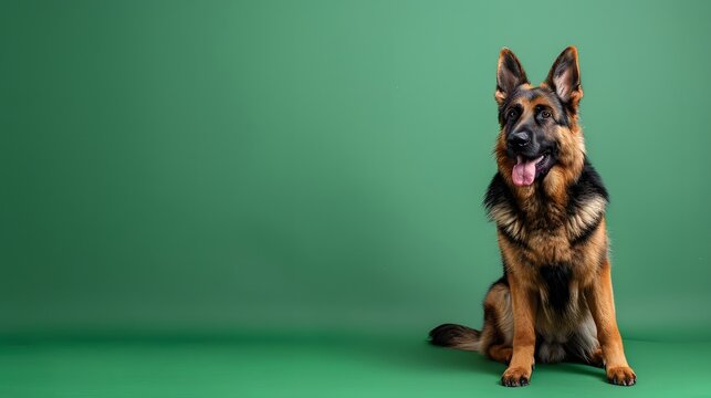 A German Shepherd dog sits on a green background, looking forward with a happy expression, showcasing its alert and friendly demeanor.