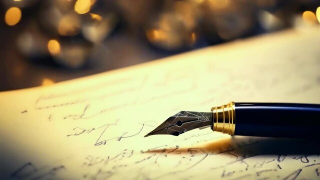 A close-up shot of a vintage fountain pen writing on antique paper, captured in warm, golden light. The scene exudes a nostalgic and classic feel, reminiscent of old-world charm.
