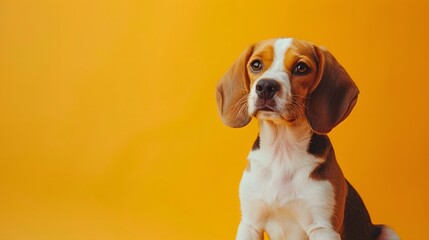 Adorable beagle puppy sitting against a vibrant yellow background, looking curiously at the camera....