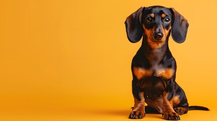 Adorable black and tan Dachshund puppy sitting against a bright orange background, looking directly at the camera.