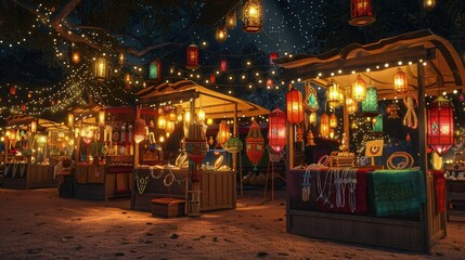 Vibrant night market stalls showcasing local crafts and exotic goods illuminated by numerous hanging colorful paper lanterns and warm string lights.