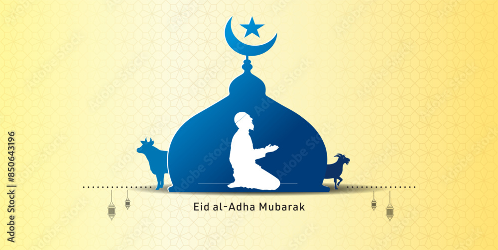 Wall mural goat, moon, mosque and muslim prayer background for eid al-adha or bakrid festival.