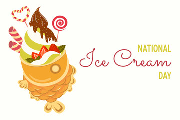 National Ice Cream Day. Ice cream with decoration. Fish dessert, Taiyaki. Taiyaki ice cream. Japanese fish pie. Asian dessert. Template for background, banner, card, poster, t-shirt.