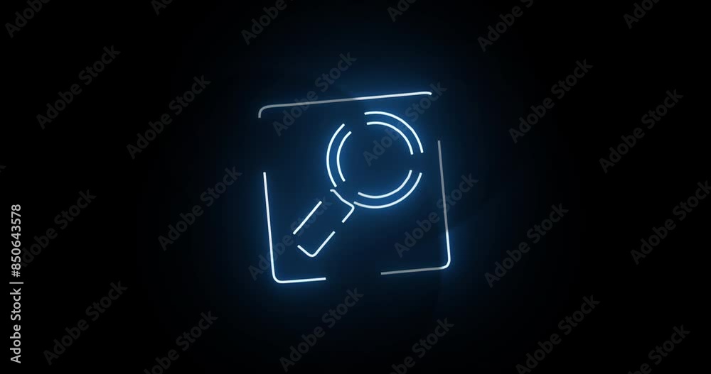 Aufkleber Neon light, magnifying glass and icon with motion of animation or search on a black background. Abstract sign, mockup or object with glow, outline or loop of marking, line or circle for investigation