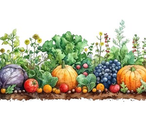 Beautiful watercolor of fresh vegetables and fruits including pumpkins, cabbage, tomatoes, and berries with greenery.