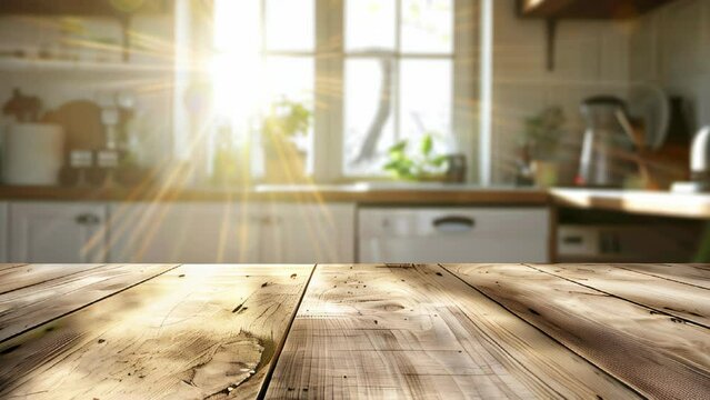 Wood table top on blur kitchen counter room background, for montage product display or design key visual layout, template