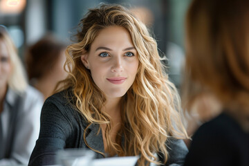 Obraz premium Woman With Blonde Curly Hair Smiles at Friend in Cafe