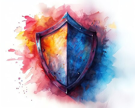 Colorful watercolor painting of a medieval shield merging vibrant hues of red, blue, and purple in an abstract artistic style.