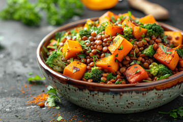 Lentil Salad With Pumpkin and Romanesco Broccoli in a Brown Bowl