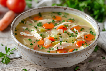 Homemade Chicken Vegetable Soup Overhead View