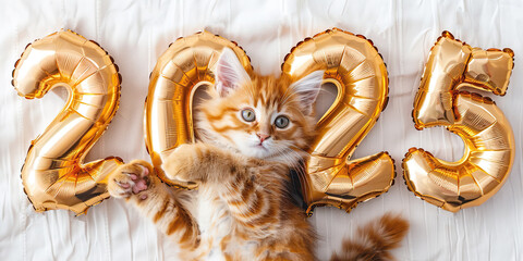 2025. Happy New Year Cat. Ginger British Kitten Sitting on a White Soft Knitted Blanket. Happy Celebration. Animal, Pet. Funny Red Kitty among Gold Metallic New Year Numbers. Christmas Cat. Postcard