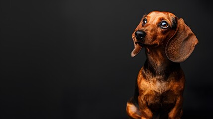 Adorable dachshund puppy with curious eyes looking up against a dark background. Perfect for pet and animal-themed projects.